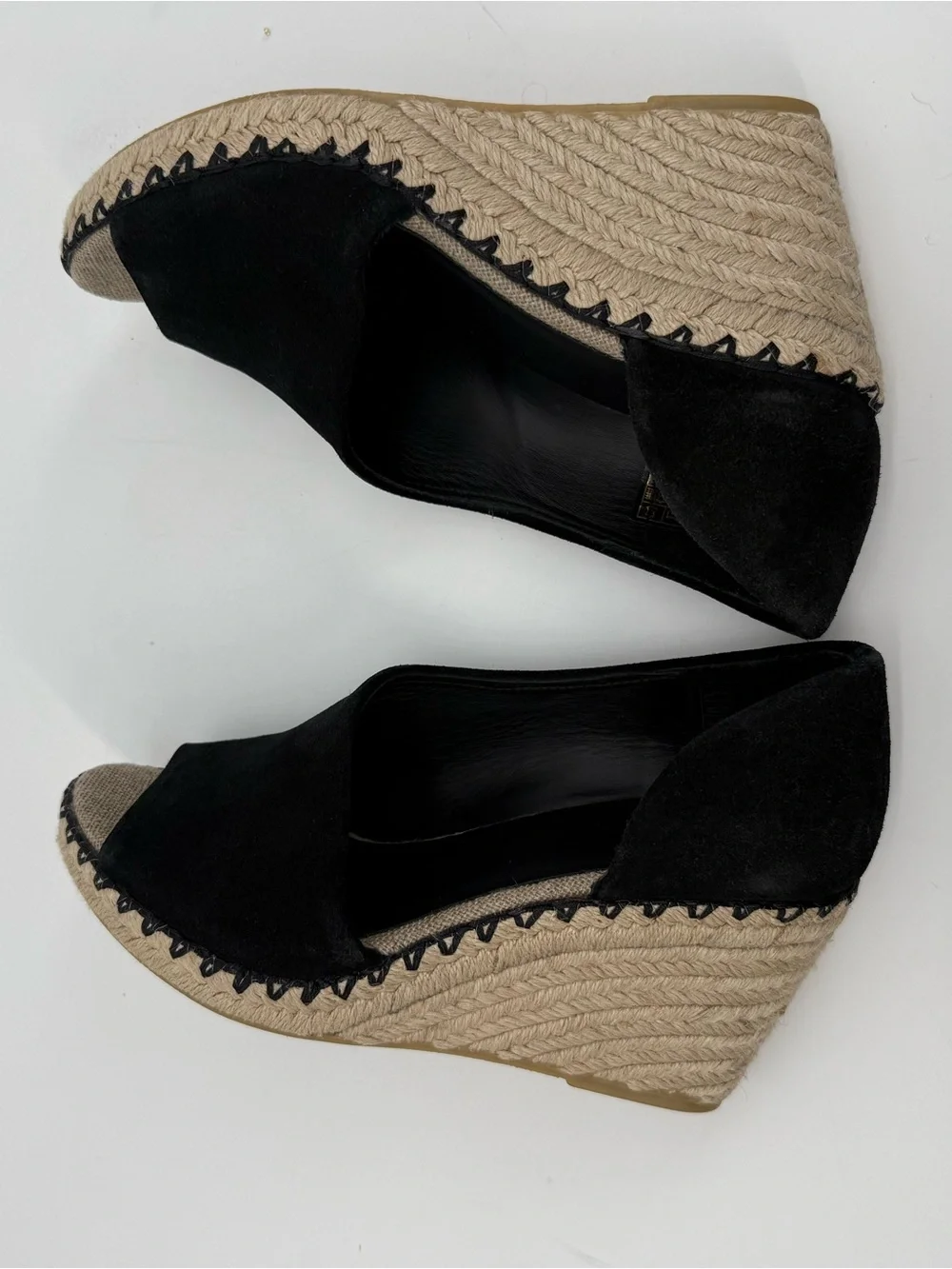 Vince Black Espadrille Wedges Suede Peep Toe Size 7.5M Designer Sonora Cutout